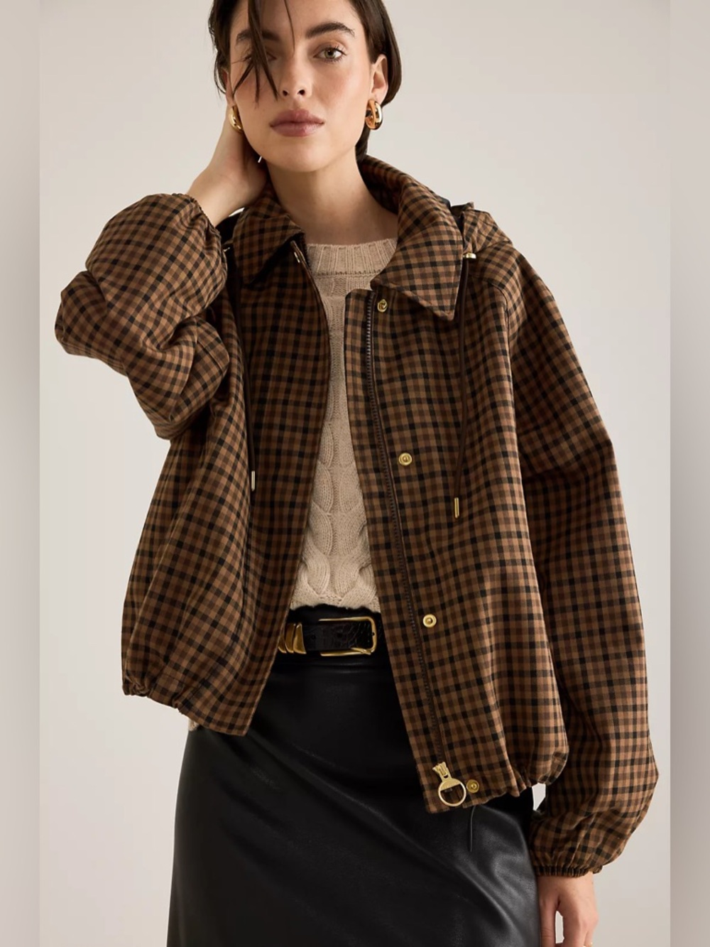 Barbour Brown Zip Audrey Showerproof Jacket in Vicuna Gingham Check 12 Nwt